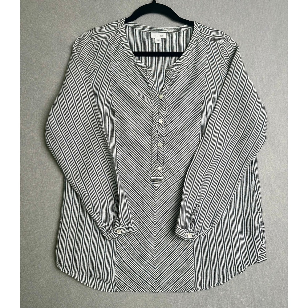 J. Jill Love Linen Striped Tunic Blouse Charcoal Gray White 100% Small V-Neck